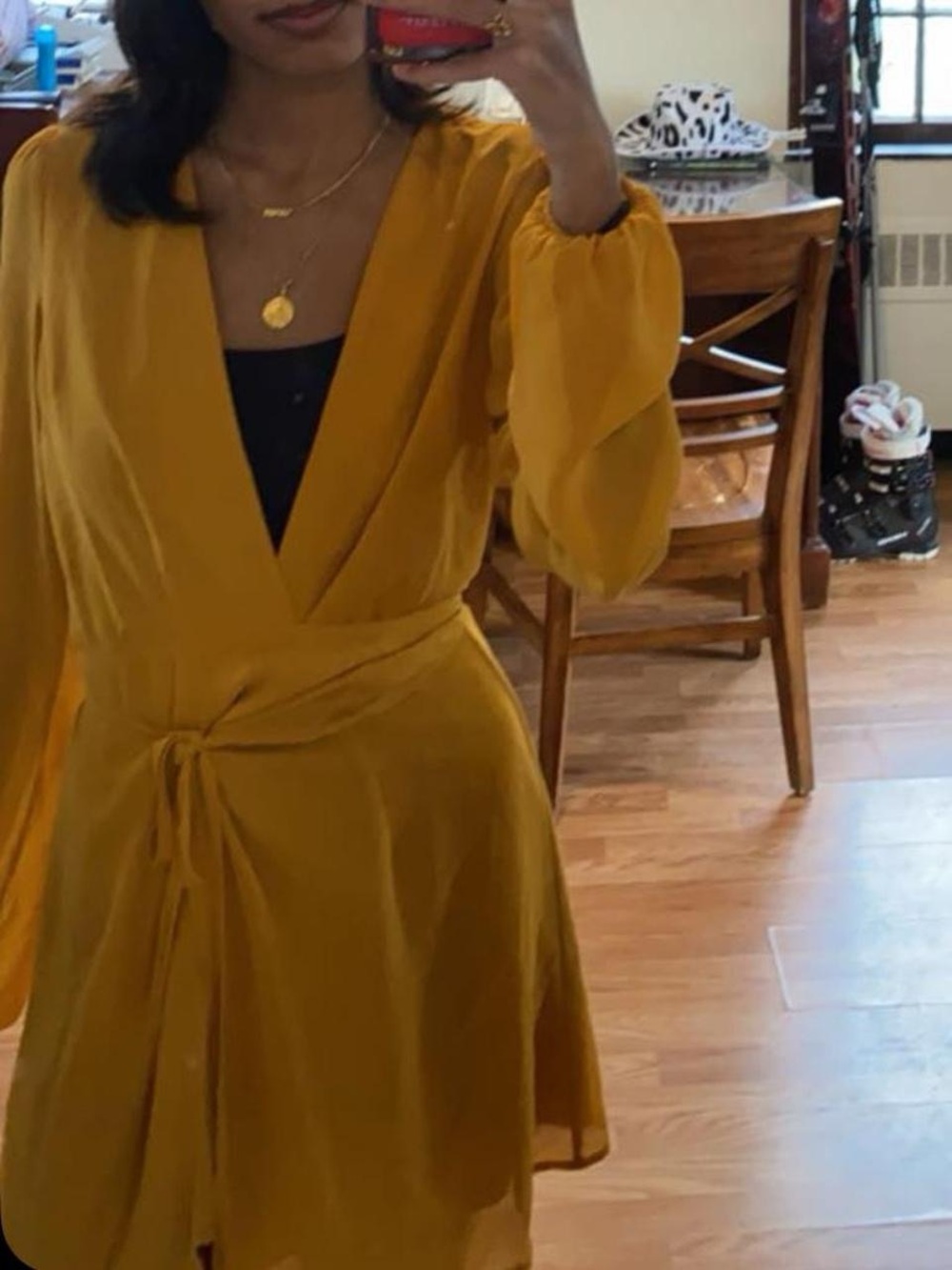 Yellow Wrap V-Neck Long Sleeve Dress